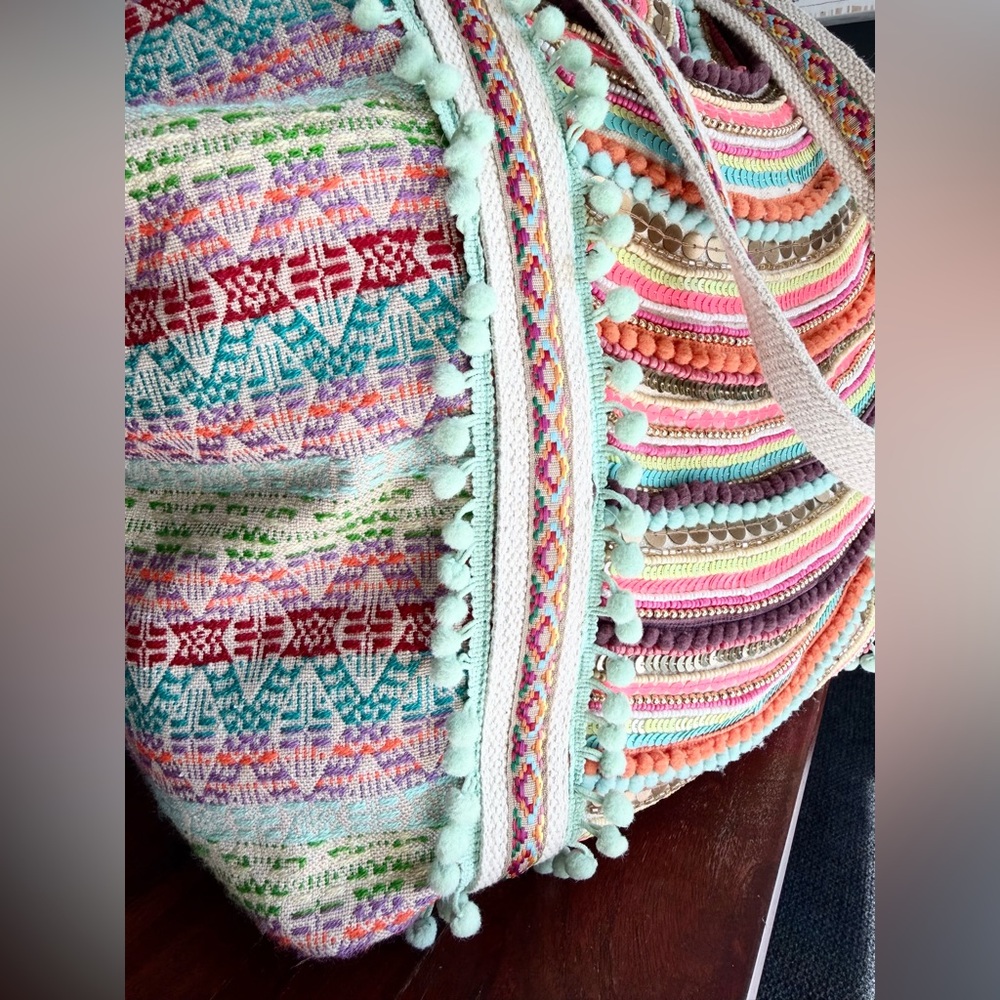 America & Beyond Boho Rainbow hand-beaded tote EUC - Picture 5 of 12